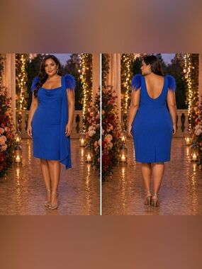 Aidan Mattox Cobalt Blue Feather-Shoulder Midi Dress